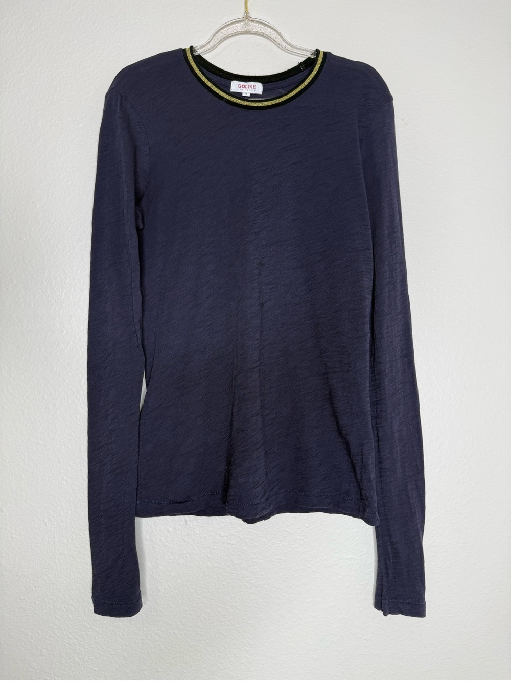 Goldie Lewinter Navy Pima Cotton Crew Gold-Trim Neckline Peru Sm